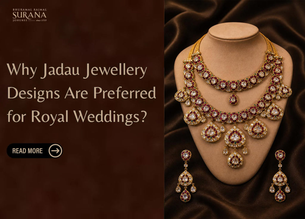 Jadau jewelry advertisement showing traditional gold necklace and earrings with red stones and diamonds on mannequin display.