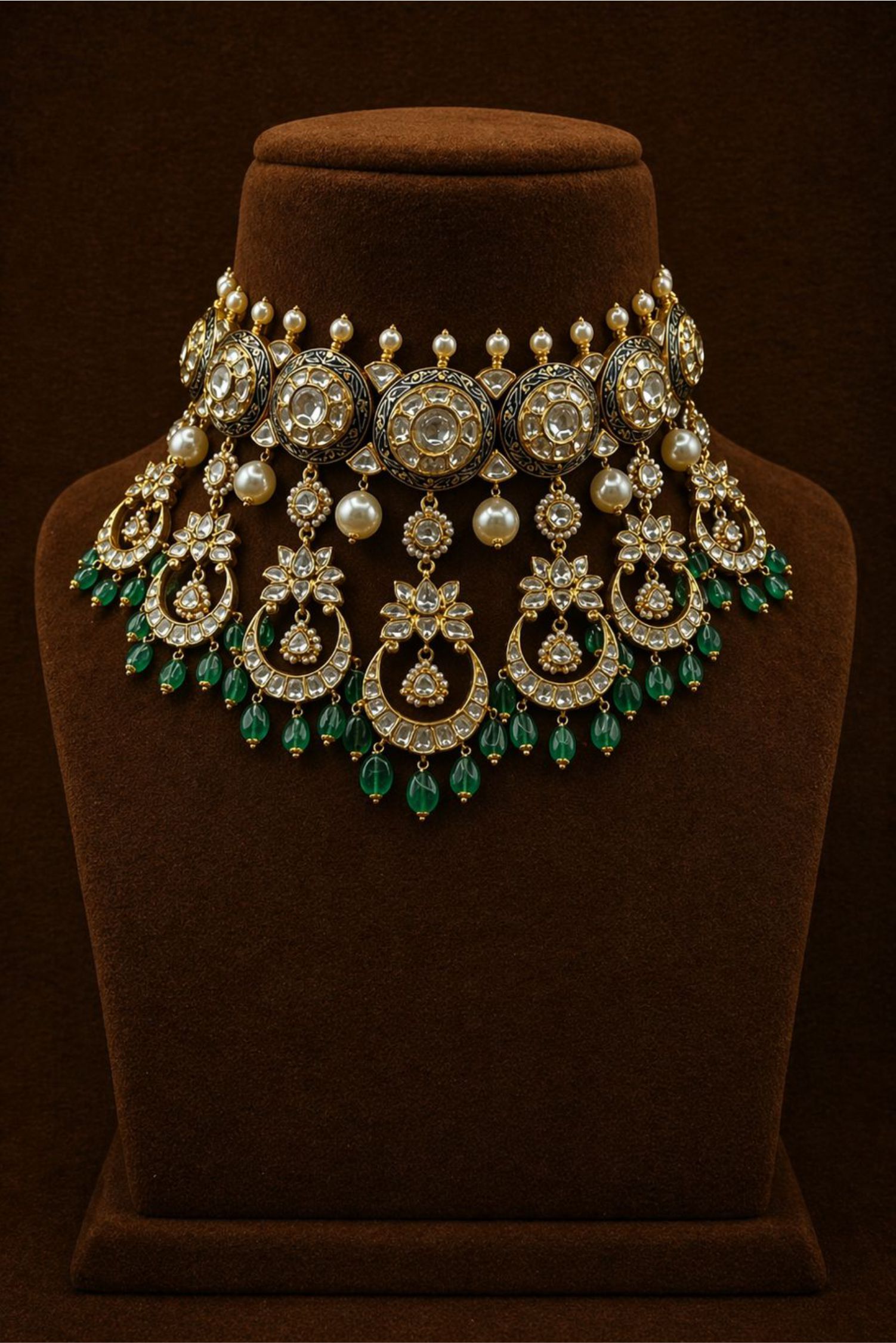 Gold kundan choker necklace with diamonds, pearls, and green emerald drops on velvet bust.